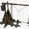 Medieval Wooden Catapult Siege Weapon With Wheels Launch Arm And Hanging Weight