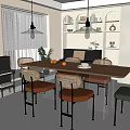 Modern Restaurant Interior With Long Dining Table Rattan Chairs Pendant Lights And Ceramic Decor Shelves