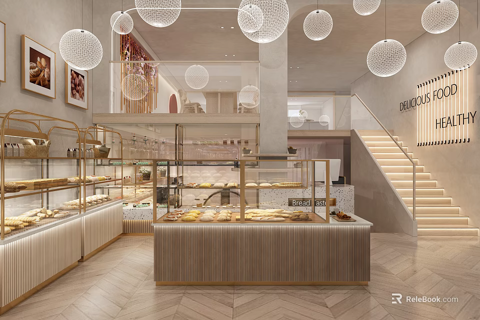 Modern Dessert Shop Interior With Spherical Pendant Lights Glass Counters And Display Cases 3d model 