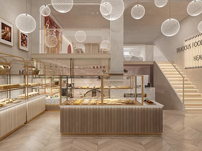 Modern Dessert Shop Interior With Spherical Pendant Lights Glass Counters And Display Cases 3d model