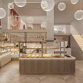 Modern Dessert Shop Interior With Spherical Pendant Lights Glass Counters And Display Cases