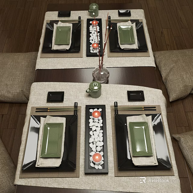 Traditional Japanese Dining Table Setup With Burlap Pillows Green Plates Chopsticks And Decorative Vase 3d model 