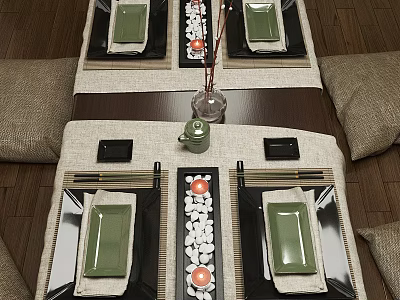 Traditional Japanese Dining Table Setup With Burlap Pillows Green Plates Chopsticks And Decorative Vase 3d model