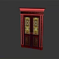 Red Double Door Furniture with Stained Glass Panels and Intricate Carved Details