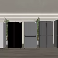 Various Style Refrigerators in Silver Black White Colors Lined Up in Modern Interior with Plants