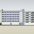 Multi Story School Building with Arched Windows Basketball Court and Track Field