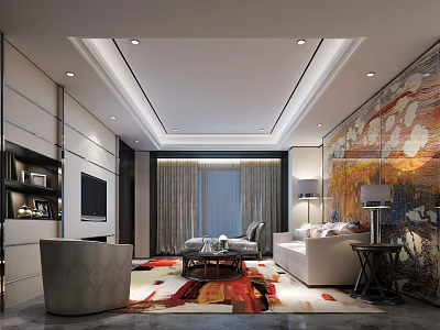 Modern Living Room Interior Design With White Sofa Coffee Table Colorful Rug And Abstract Painting 3d model