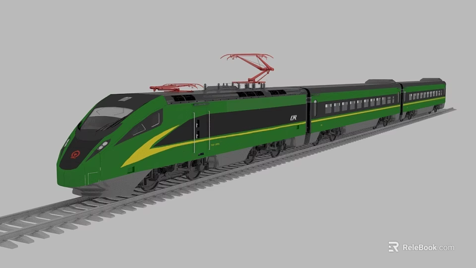 Green High Speed Train with Streamlined Design Red Pantograph Yellow Stripes Running on Railway Track 3d model 