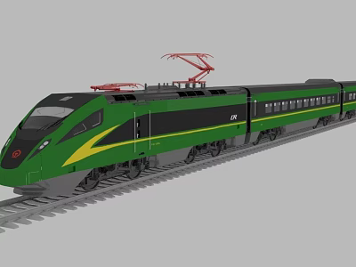 Green High Speed Train with Streamlined Design Red Pantograph Yellow Stripes Running on Railway Track 3d model