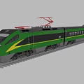 Green High Speed Train with Streamlined Design Red Pantograph Yellow Stripes Running on Railway Track