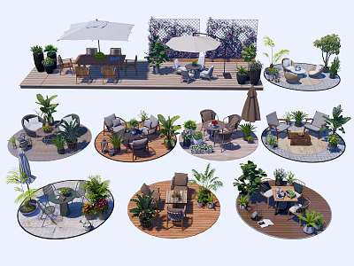 Outdoor Table And Chair Sets With Umbrella Plants And Wooden Deck Arrangements 3d model