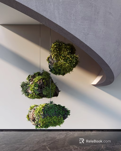 Console Table Featuring Hanging Green Moss Balls Gray Curved Structure Pale Wall and Lighting Shadows 3d model