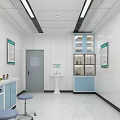 Medical Examination Room With White Walls Blue Curtains Green Notice Boards Countertops And Stools