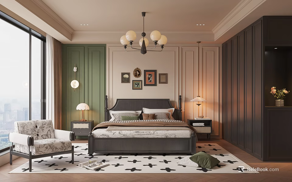 Elegant Modern Bedroom Interior With Green Wall Chandelier Bed Nightstands Lamps And Decorative Paintings 3d model 