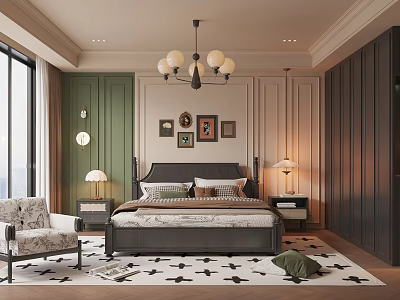 Elegant Modern Bedroom Interior With Green Wall Chandelier Bed Nightstands Lamps And Decorative Paintings 3d model