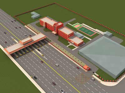 Campus Layout Aerial View Featuring Administrative Buildings Sports Field Entrance Gate And Roadway 3d model