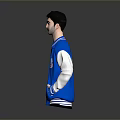 A Man In Blue Jacket With White Sleeves And Black T-Shirt Standing Against Gray Background