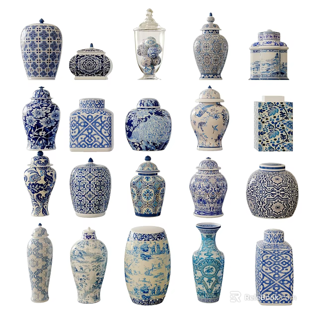 Decorative Blue and White Ceramic Vessels with Various Traditional Patterns and Shapes 3d model