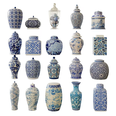 Decorative Blue and White Ceramic Vessels with Various Traditional Patterns and Shapes 3d model