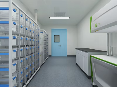 Laboratory Interior With Storage Cabinets Blue Door Lab Workbenches And White Walls 3d model