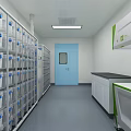 Laboratory Interior With Storage Cabinets Blue Door Lab Workbenches And White Walls