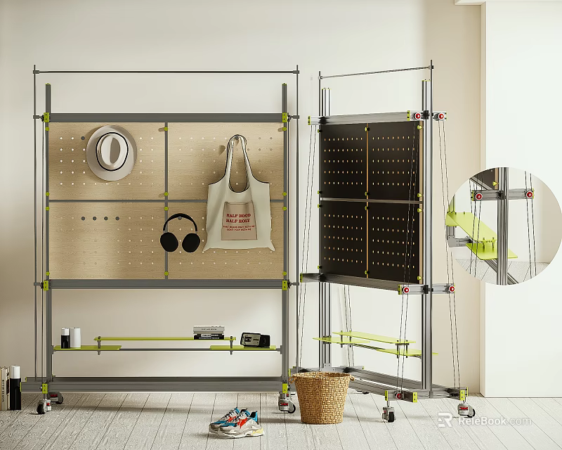 Multifunctional Metal Frame Shelving Unit With Pegboard Panels Movable Wheels For Hanging Items 3d model