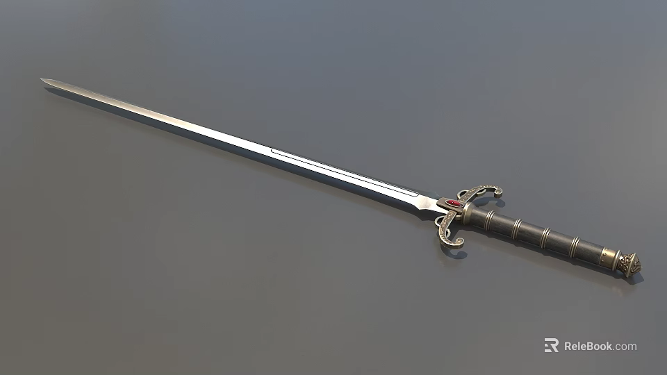 Medieval Steel Sword Weapon With Silver Blade Black Grip And Ornate Hilt 3d model 