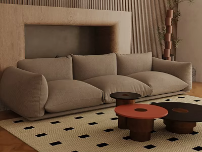 Modern Light Gray Three Seater Sofa With Black And White Checkered Rug Round Coffee Tables 3d model