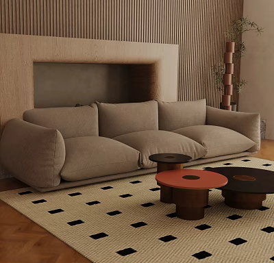 Modern Light Gray Three Seater Sofa With Black And White Checkered Rug Round Coffee Tables 3d model