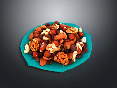Mixed Nuts Assorted Healthy Snack With Walnuts Almonds Cashews And Raisins On Blue Plate 3d model