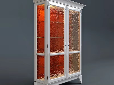 Modern White Frame Wine Cabinet with Textured Glass Doors and Interior Lighting 3d model