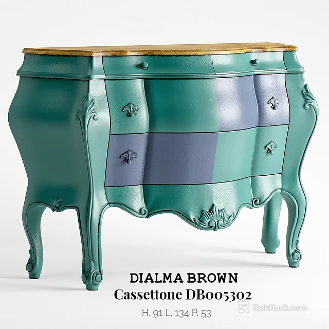 Elegant Green Dresser With Carved Details Gold Top And Drawers Design 3d model 