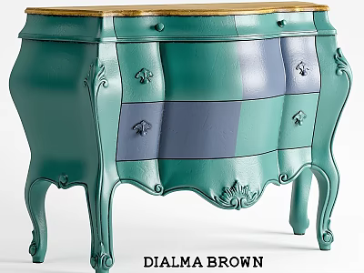 Elegant Green Dresser With Carved Details Gold Top And Drawers Design 3d model