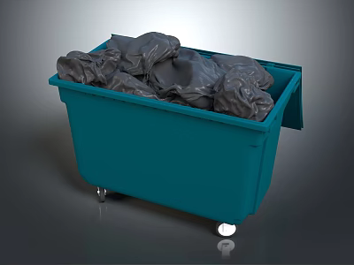 Public Facility Blue Trash Bin Filled With Black Garbage Bags And Wheels 3d model