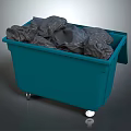 Public Facility Blue Trash Bin Filled With Black Garbage Bags And Wheels
