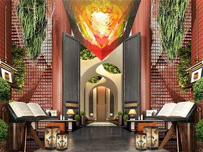 Modern Hotel Lobby Interior With Green Plants Decorative Chandelier And Arched Design 3d model