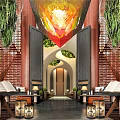 Modern Hotel Lobby Interior With Green Plants Decorative Chandelier And Arched Design