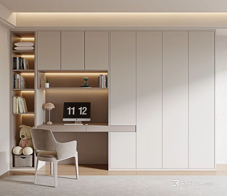 Modern Minimalist Wardrobe with Built in Bookshelves Desk Table Lamp Stuffed Toy and Wall Clock 3d model 