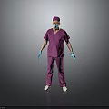 Man in Purple Scrubs with Surgical Cap Face Mask and Blue Gloves