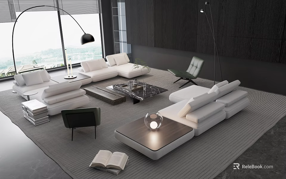 Modern White Sofa and Coffee Table Set with Green Chair Floor Lamp and Area Rug 3d model 