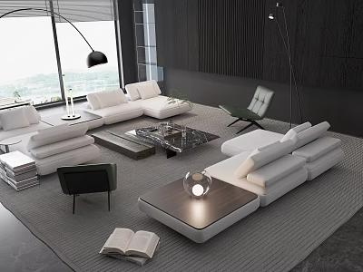Modern White Sofa and Coffee Table Set with Green Chair Floor Lamp and Area Rug 3d model