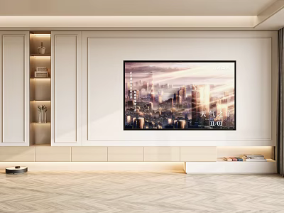 Modern Elegant White TV Background Wall with Cityscape Painting and Built-in Storage 3d model