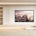 Modern Elegant White TV Background Wall with Cityscape Painting and Built-in Storage