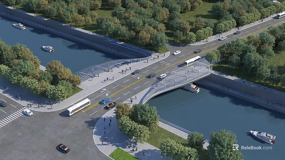 Scenic Urban River Area Featuring Bridge Vehicles Pedestrians And Trees 3d model 