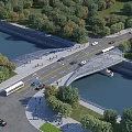 Scenic Urban River Area Featuring Bridge Vehicles Pedestrians And Trees