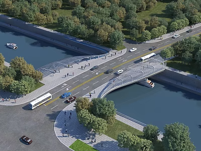 Scenic Urban River Area Featuring Bridge Vehicles Pedestrians And Trees 3d model