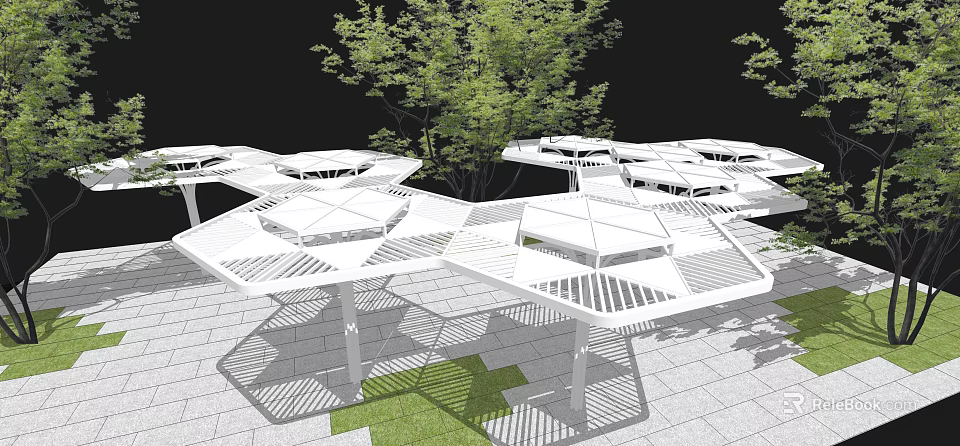Modern Pergola With Geometric Roof Design Stone Pavement Lawn And Trees 3d model 
