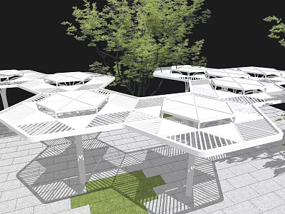 Modern Pergola With Geometric Roof Design Stone Pavement Lawn And Trees 3d model