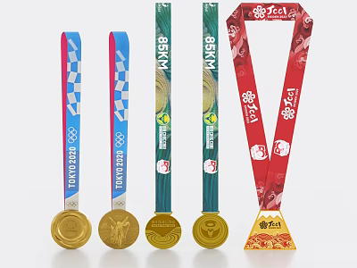 Gold Medals and Trophy with Colorful Decorative Ribbons and Award Patterns 3d model