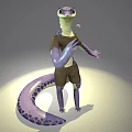 3D Anthropomorphic Lizard Creature Wearing Brown Outfit Holding Microphone Like Object With Purple Yellow Patterns